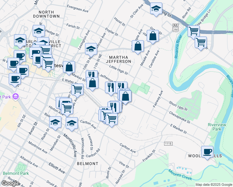 map of restaurants, bars, coffee shops, grocery stores, and more near 1208 East Market Street in Charlottesville