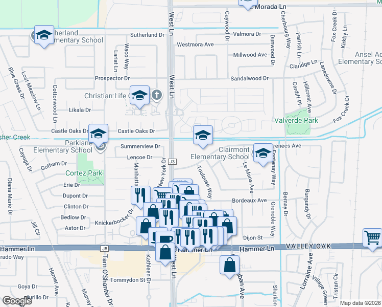map of restaurants, bars, coffee shops, grocery stores, and more near 1645 Pyrenees Avenue in Stockton