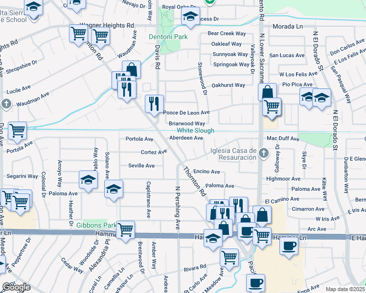 map of restaurants, bars, coffee shops, grocery stores, and more near 8402 Roxburgh Way in Stockton