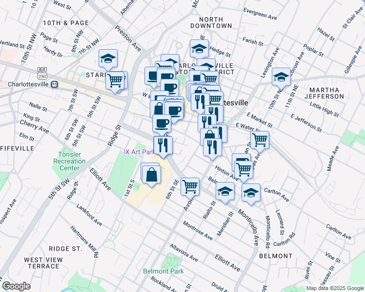 map of restaurants, bars, coffee shops, grocery stores, and more near 418 Garrett Street in Charlottesville