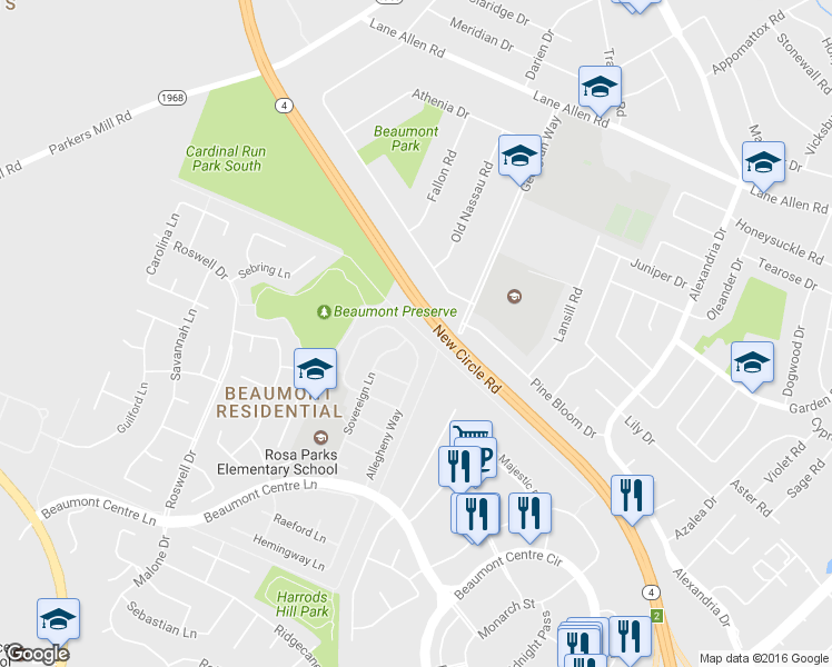 map of restaurants, bars, coffee shops, grocery stores, and more near 2056 Allegheny Way in Lexington