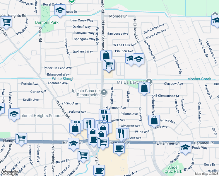 map of restaurants, bars, coffee shops, grocery stores, and more near 8423 Galloway Drive in Stockton
