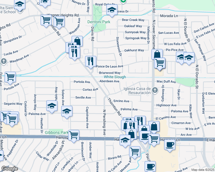 map of restaurants, bars, coffee shops, grocery stores, and more near 8402 Roxburgh Way in Stockton