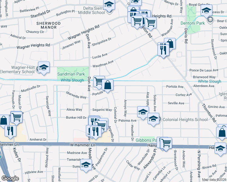 map of restaurants, bars, coffee shops, grocery stores, and more near 8435 Colonial Drive in Stockton