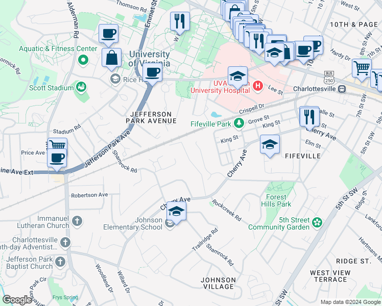map of restaurants, bars, coffee shops, grocery stores, and more near 402 Valley Road Extension in Charlottesville