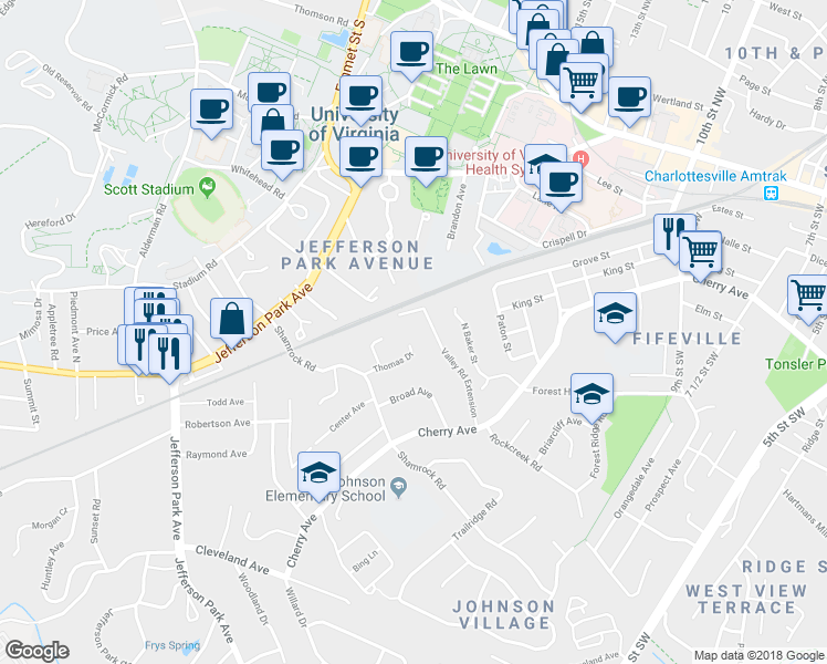 map of restaurants, bars, coffee shops, grocery stores, and more near 116 Thomas Drive in Charlottesville