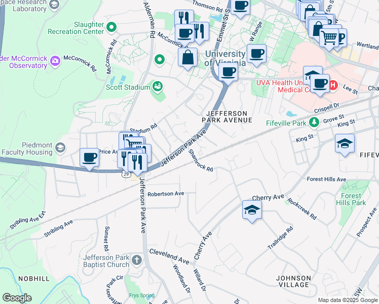 map of restaurants, bars, coffee shops, grocery stores, and more near 1904 Jefferson Park Avenue in Charlottesville