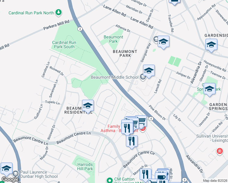 map of restaurants, bars, coffee shops, grocery stores, and more near 2052 Allegheny Way in Lexington