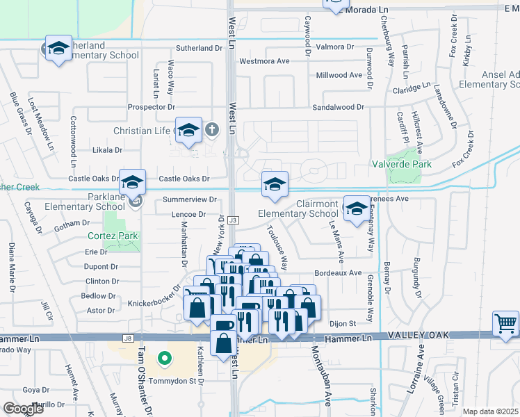 map of restaurants, bars, coffee shops, grocery stores, and more near 1645 Pyrenees Avenue in Stockton