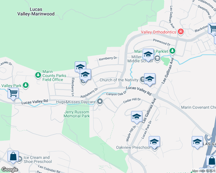 map of restaurants, bars, coffee shops, grocery stores, and more near 46 Upper Oak Drive in San Rafael