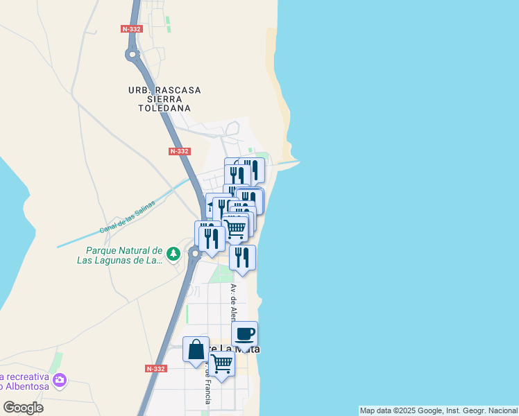 map of restaurants, bars, coffee shops, grocery stores, and more near Av de la Sal in Torrevieja