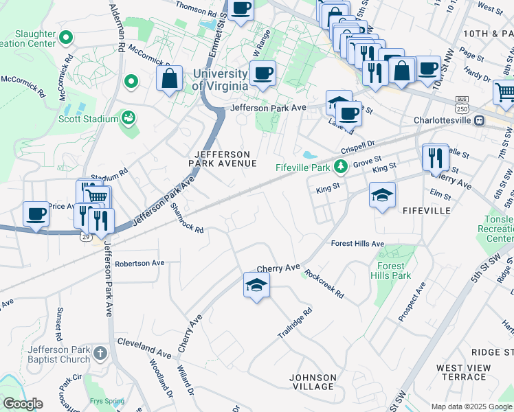 map of restaurants, bars, coffee shops, grocery stores, and more near 124 Thomas Drive in Charlottesville
