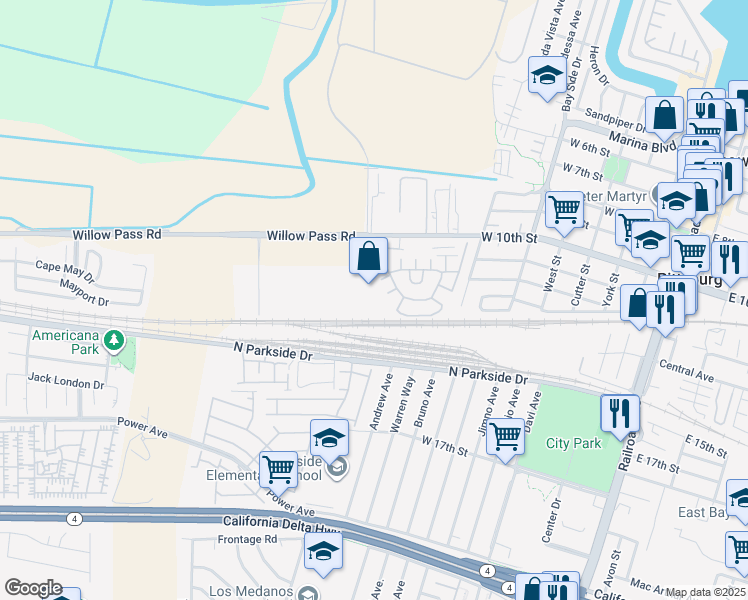 map of restaurants, bars, coffee shops, grocery stores, and more near 671 Willow Pass Road in Pittsburg