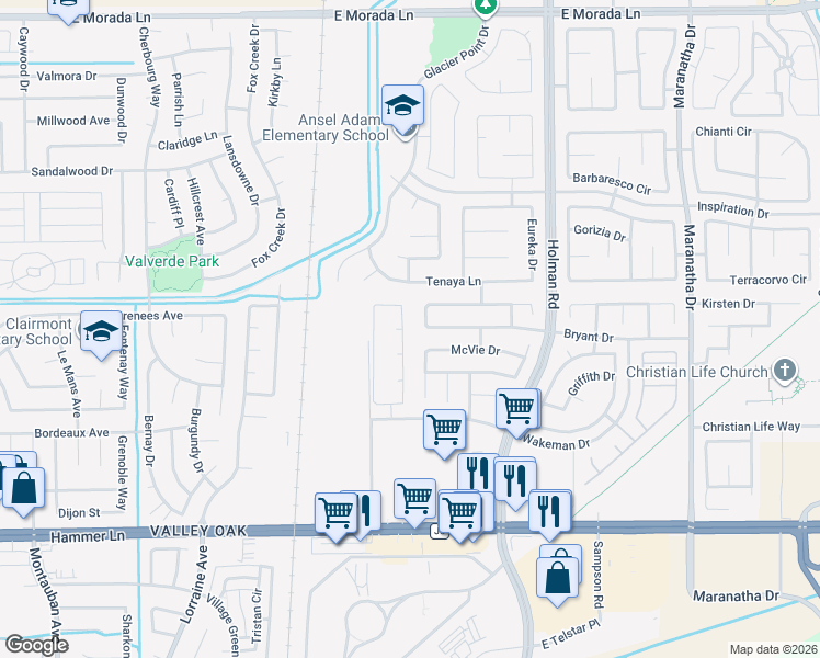 map of restaurants, bars, coffee shops, grocery stores, and more near 3157 Sonata Circle in Stockton