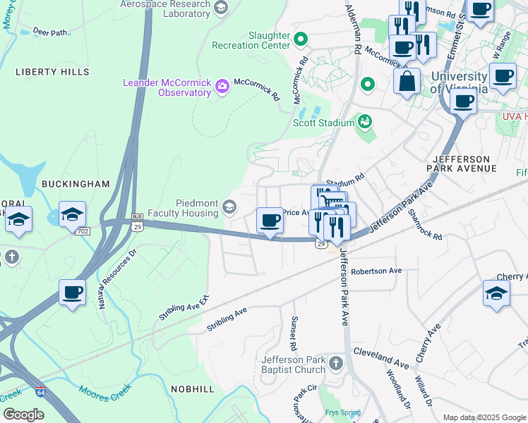 map of restaurants, bars, coffee shops, grocery stores, and more near 111 Apple Tree Road in Charlottesville