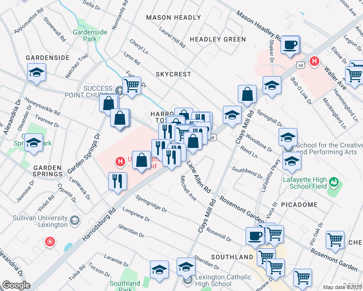map of restaurants, bars, coffee shops, grocery stores, and more near 746 Allendale Drive in Lexington