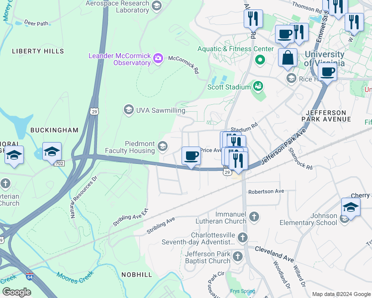 map of restaurants, bars, coffee shops, grocery stores, and more near 111 Apple Tree Road in Charlottesville