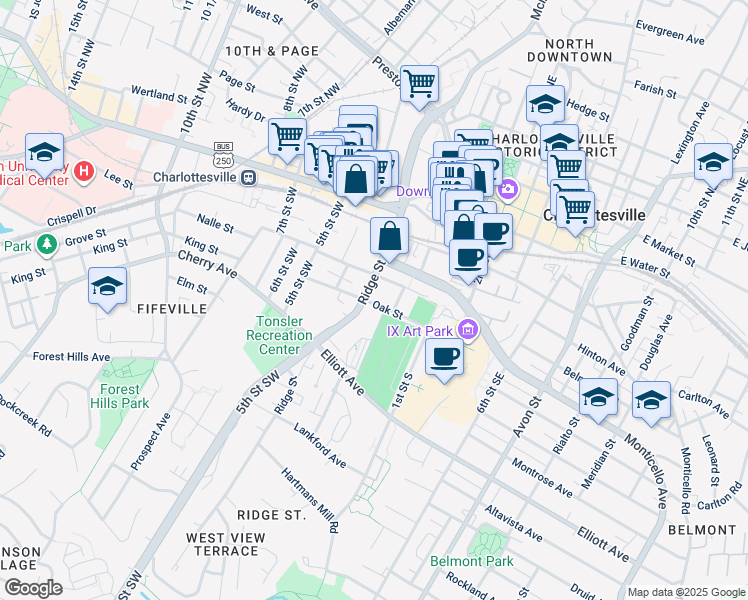 map of restaurants, bars, coffee shops, grocery stores, and more near 412 Ridge Street in Charlottesville