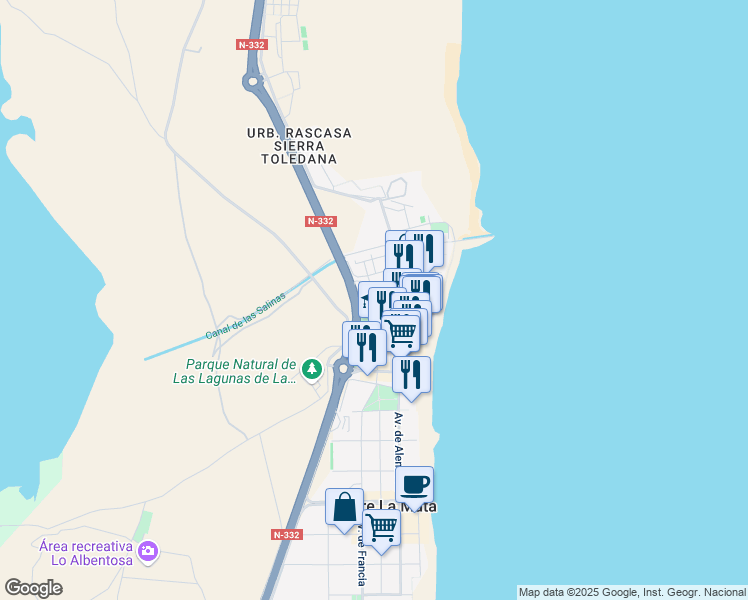 map of restaurants, bars, coffee shops, grocery stores, and more near Calle Benacantil in La Mata