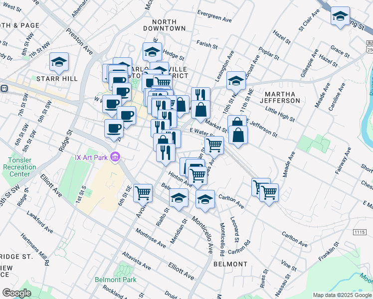 map of restaurants, bars, coffee shops, grocery stores, and more near 100 Avon Street in Charlottesville