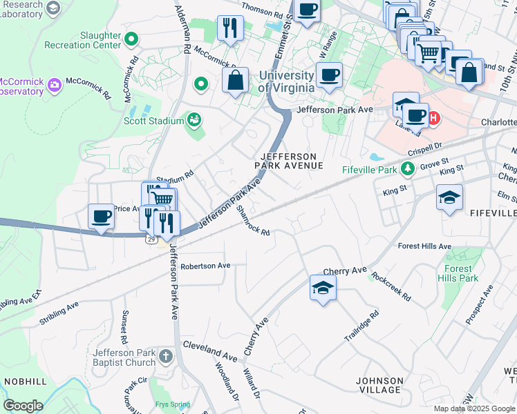 map of restaurants, bars, coffee shops, grocery stores, and more near 102 Carrollton Terrace in Charlottesville