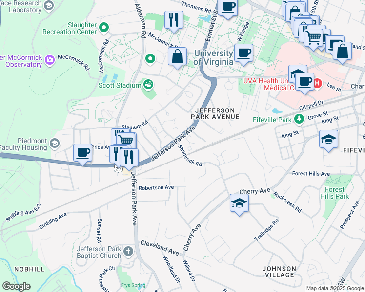 map of restaurants, bars, coffee shops, grocery stores, and more near 102 Carrollton Terrace in Charlottesville