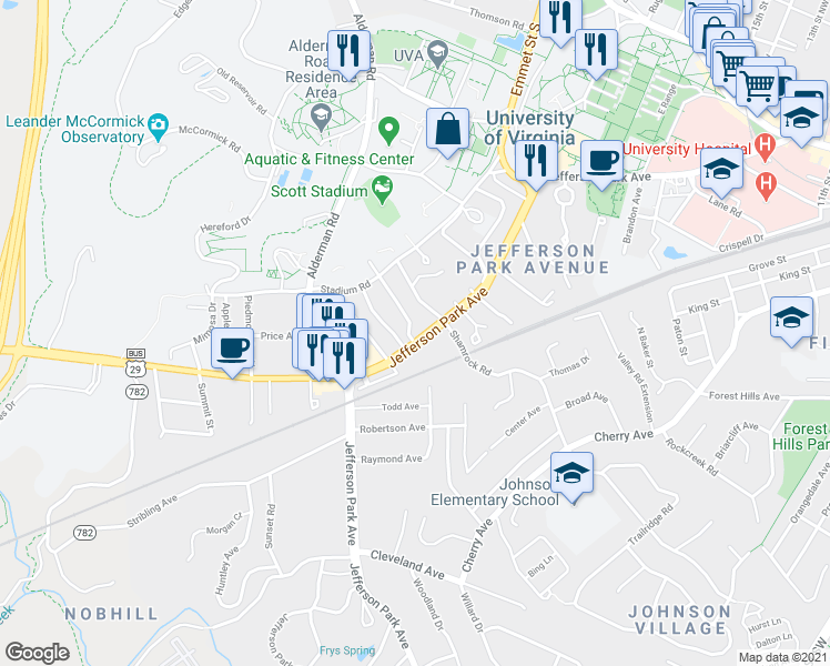 map of restaurants, bars, coffee shops, grocery stores, and more near 115 Harmon Street in Charlottesville