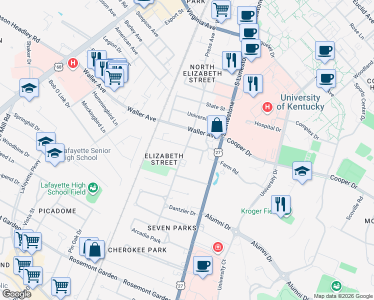 map of restaurants, bars, coffee shops, grocery stores, and more near 1360 Elizabeth Street in Lexington
