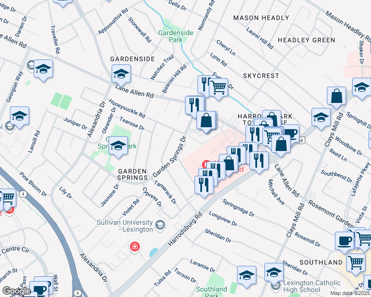map of restaurants, bars, coffee shops, grocery stores, and more near 2045 Garden Springs Drive in Lexington