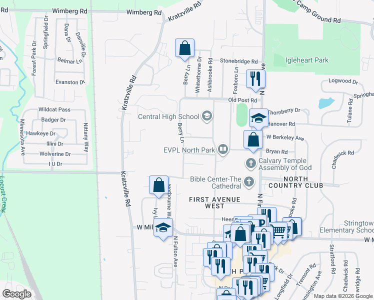 map of restaurants, bars, coffee shops, grocery stores, and more near 5306 Berry Lane in Evansville