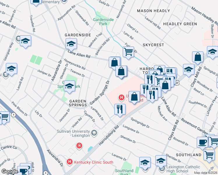 map of restaurants, bars, coffee shops, grocery stores, and more near 2050 Garden Springs Drive in Lexington
