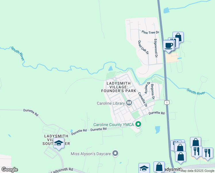 map of restaurants, bars, coffee shops, grocery stores, and more near 17129 Perinchief Street in Ruther Glen