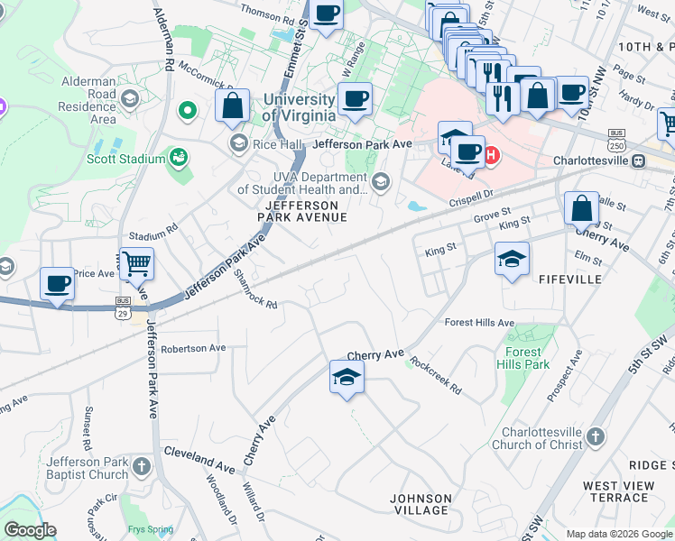 map of restaurants, bars, coffee shops, grocery stores, and more near 301 Valley Road Extension in Charlottesville