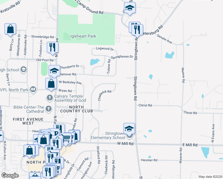 map of restaurants, bars, coffee shops, grocery stores, and more near 300 West Berkeley Avenue in Evansville