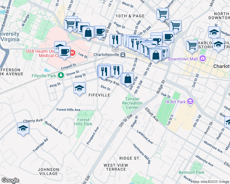 map of restaurants, bars, coffee shops, grocery stores, and more near 703 Elm Street in Charlottesville