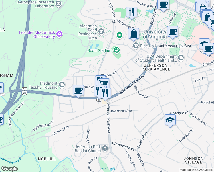 map of restaurants, bars, coffee shops, grocery stores, and more near 108 Clarke Court in Charlottesville