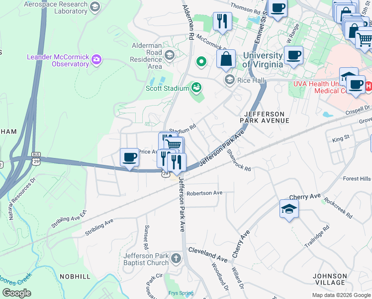 map of restaurants, bars, coffee shops, grocery stores, and more near 126 Observatory Avenue in Charlottesville