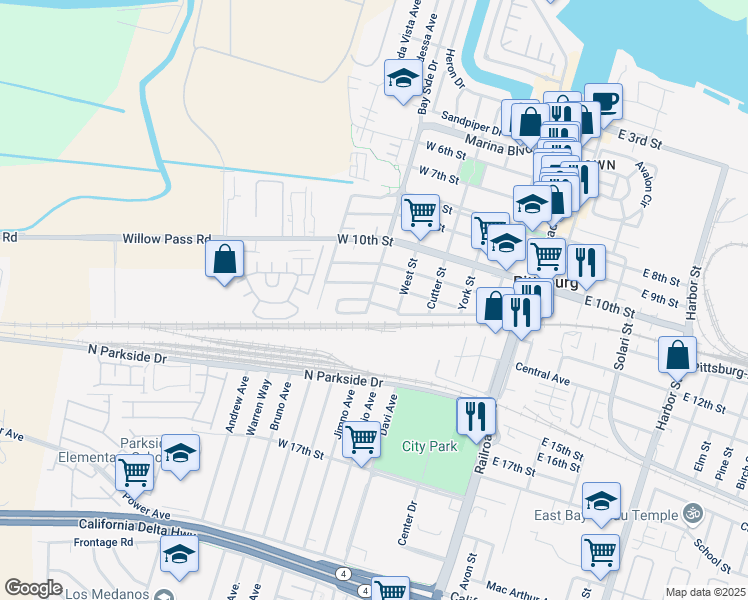 map of restaurants, bars, coffee shops, grocery stores, and more near 1325 Montezuma Street in Pittsburg