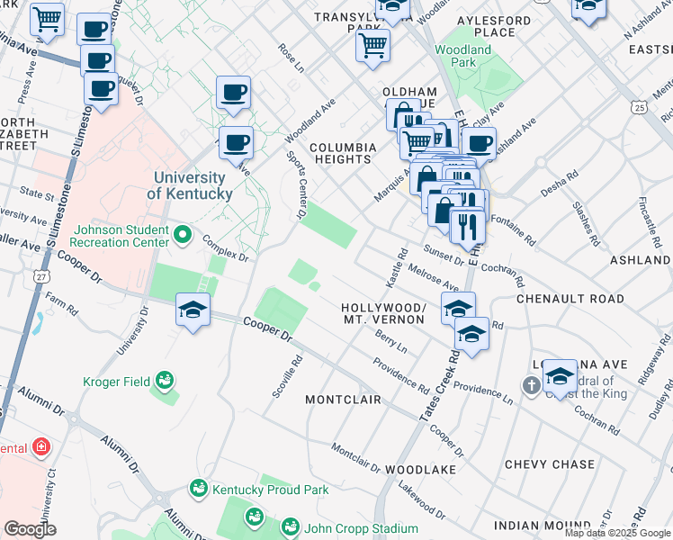 map of restaurants, bars, coffee shops, grocery stores, and more near 637 Beaumont Avenue in Lexington