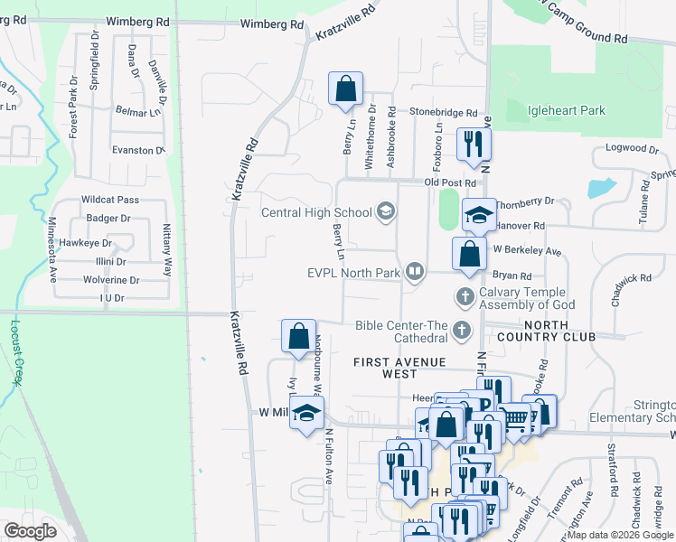map of restaurants, bars, coffee shops, grocery stores, and more near 5306 Berry Lane in Evansville