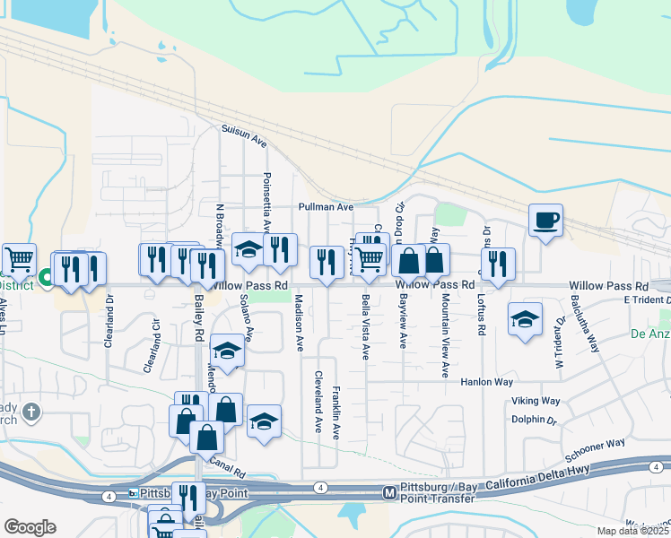 map of restaurants, bars, coffee shops, grocery stores, and more near 64 North Bella Monte Avenue in Bay Point