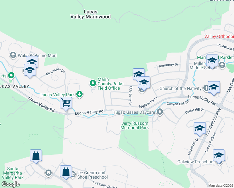 map of restaurants, bars, coffee shops, grocery stores, and more near 838 Greenberry Lane in San Rafael