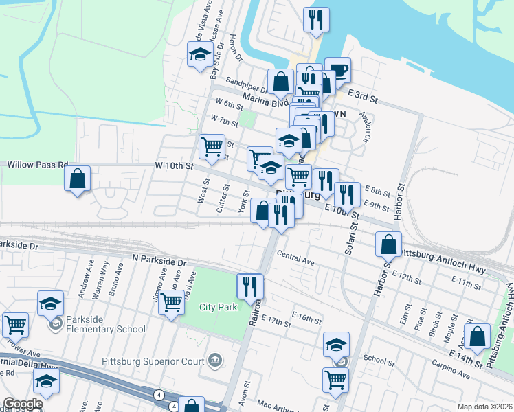 map of restaurants, bars, coffee shops, grocery stores, and more near 43 West 11th Street in Pittsburg