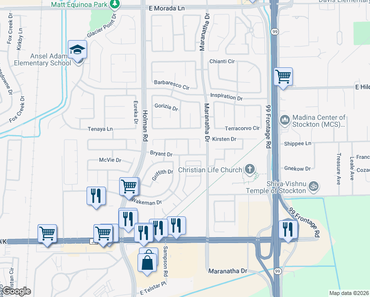 map of restaurants, bars, coffee shops, grocery stores, and more near 8635 Lott Street in Stockton