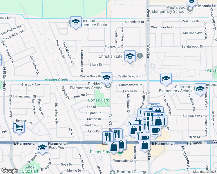 map of restaurants, bars, coffee shops, grocery stores, and more near 8438 Tam O'Shanter Drive in Stockton