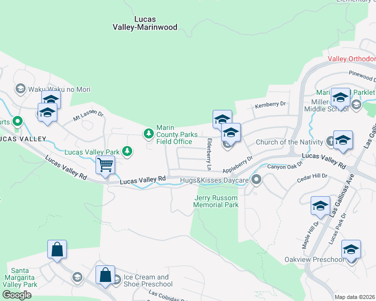 map of restaurants, bars, coffee shops, grocery stores, and more near 838 Greenberry Lane in San Rafael