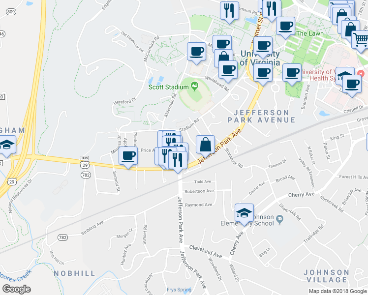 map of restaurants, bars, coffee shops, grocery stores, and more near 126 Observatory Avenue in Charlottesville