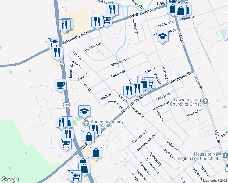 map of restaurants, bars, coffee shops, grocery stores, and more near 202 West End Drive in Lawrenceburg