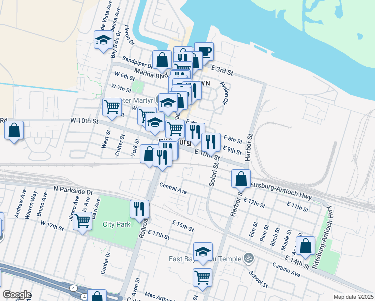 map of restaurants, bars, coffee shops, grocery stores, and more near 270 East 10th Street in Pittsburg
