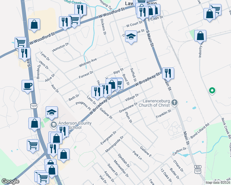 map of restaurants, bars, coffee shops, grocery stores, and more near 408 West Broadway Street in Lawrenceburg